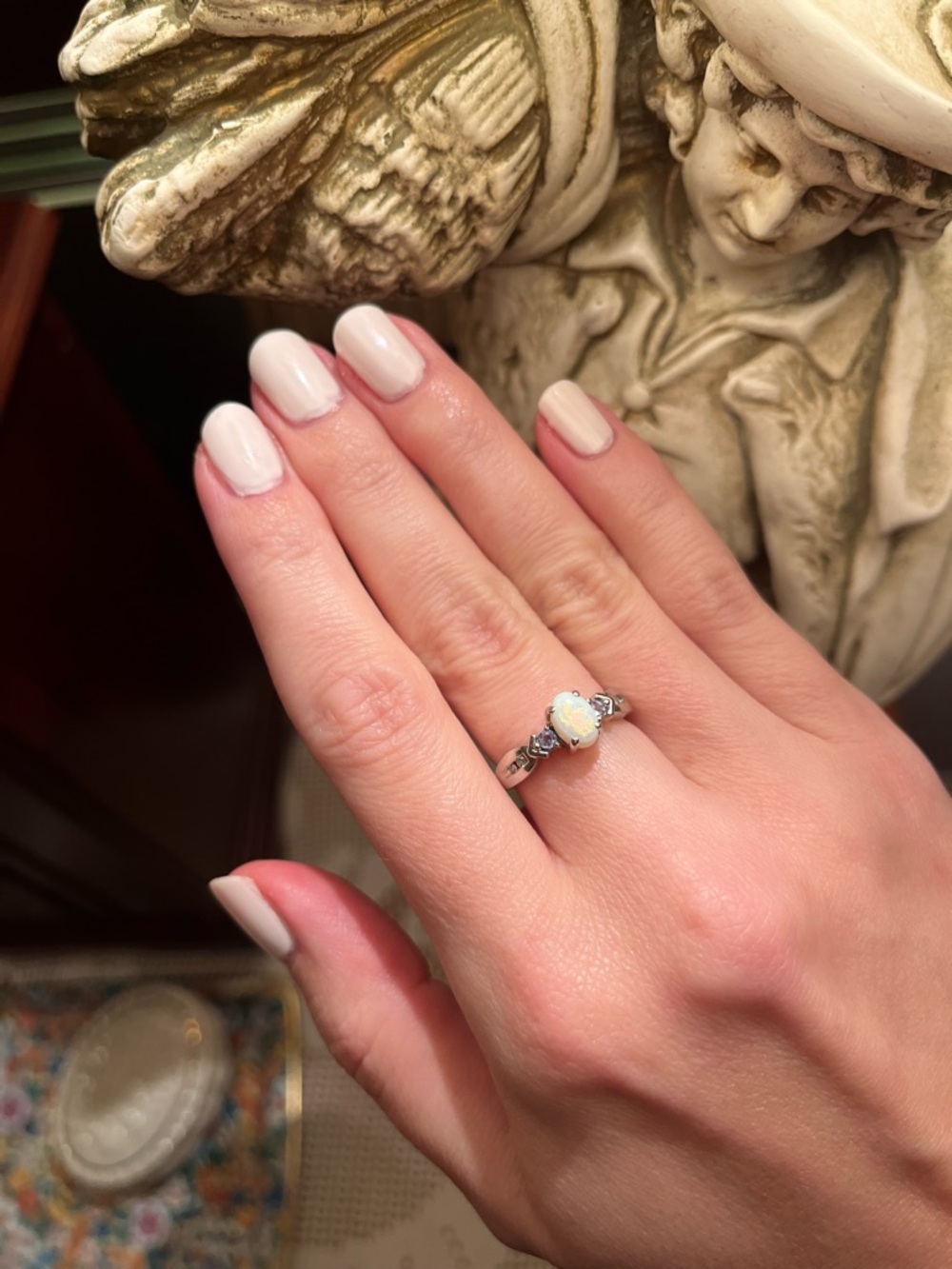 Opal oval center stone Diamond Tanzanite accent Ring stamped 14k white gold sz6